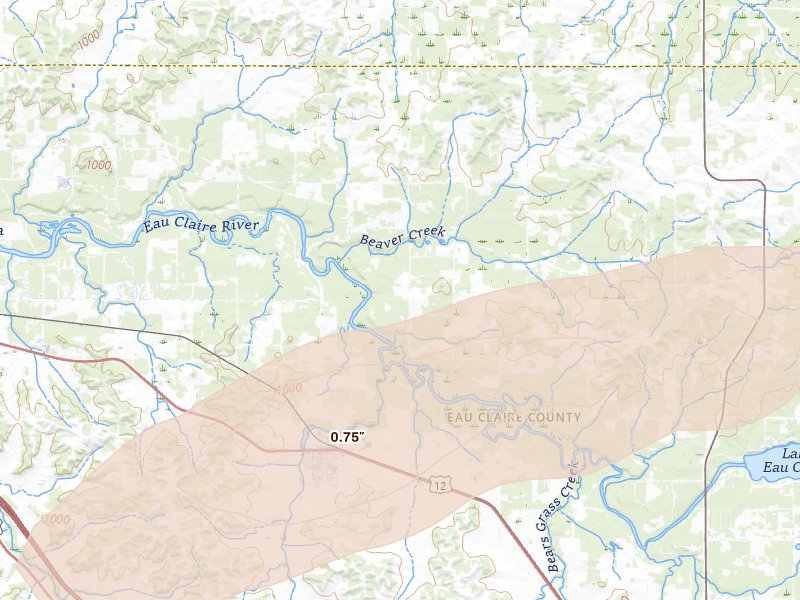 Radar-estimated hail-size map of the storm over Fall Creek, WI