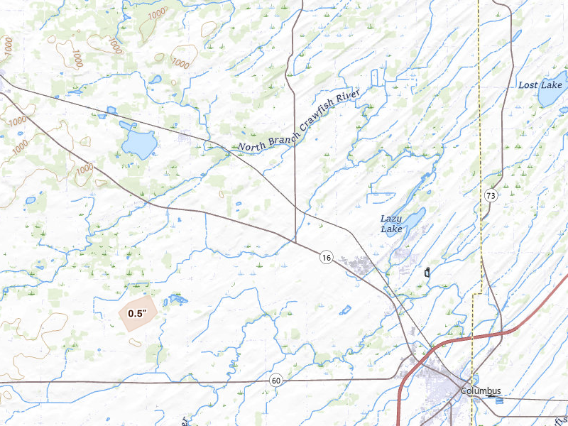 Radar-estimated hail-size map of the storm over Fall River, WI on May 16, 2026