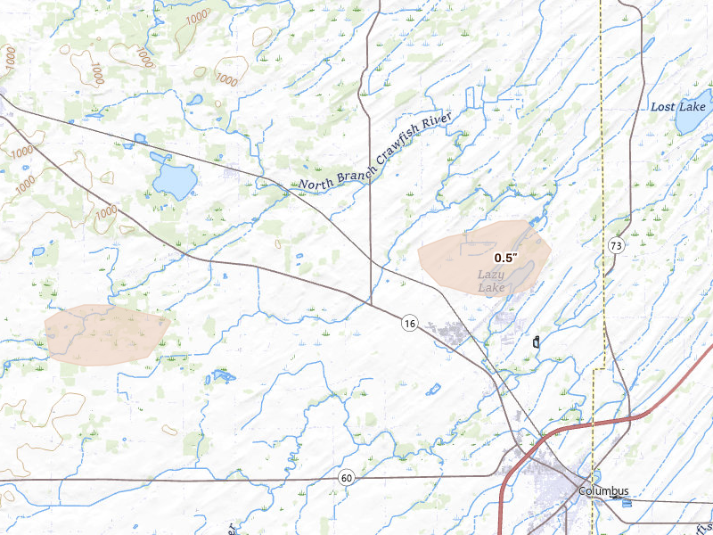 Radar-estimated hail-size map of the storm over Fall River, WI on Aug 18, 2026