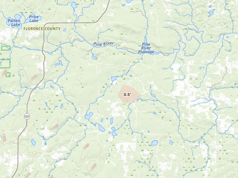 Radar-estimated hail-size map of the storm over Fence, WI on Jun 24, 2026