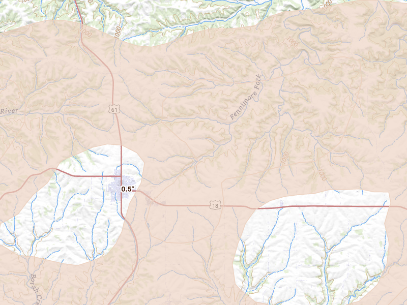 Radar-estimated hail-size map of the storm over Fennimore, WI on Apr 14, 2026