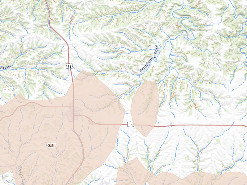 Radar-estimated hail-size map of the storm over Fennimore, WI on Apr 15, 2026