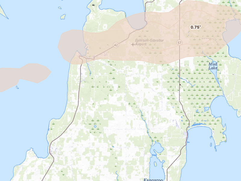 Radar-estimated hail-size map of the storm over Fish Creek, WI on Jun 28, 2026
