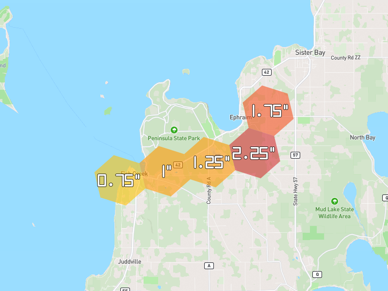 Hail map of Fish Creek, WI on Jun 29, 2026, hail up to 2.25"