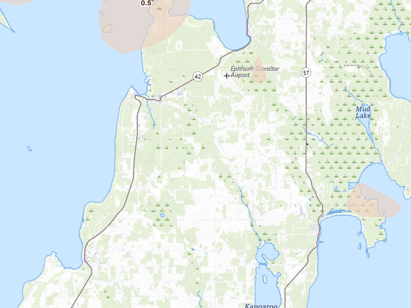 Radar-estimated hail-size map of the storm over Fish Creek, WI on Jul 20, 2026