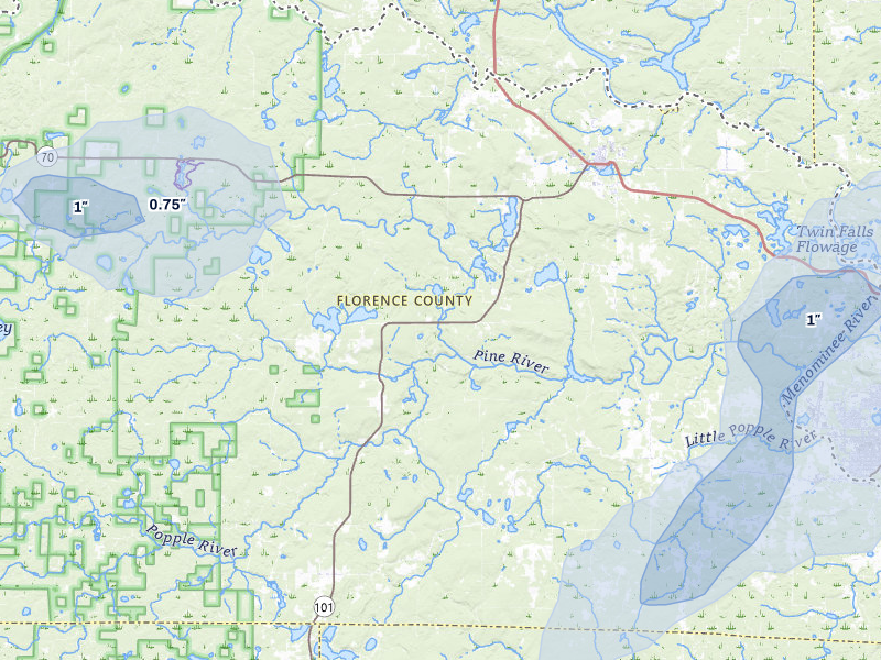 NEXRAD radar-signature map of the hail storm over Florence, WI on Jun 28, 2026