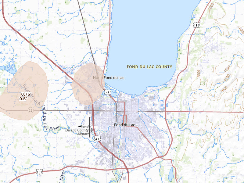 Radar-estimated hail-size map of the storm over Fond Du Lac, WI on Mar 31, 2026