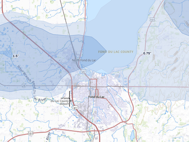NEXRAD radar-signature map of the hail over Fond Du Lac, WI