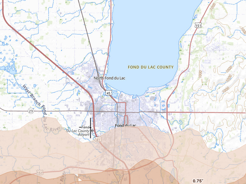 Radar-estimated hail-size map of the storm over Fond Du Lac, WI on Jul 1, 2026