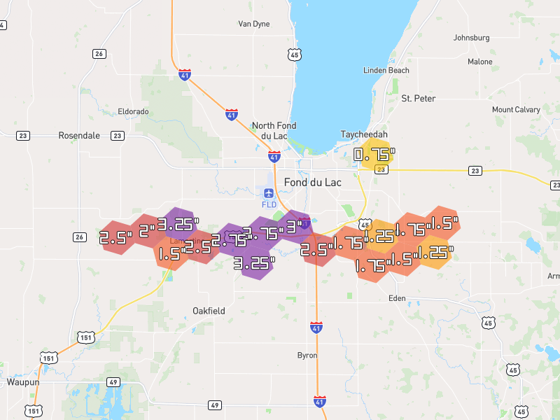 Hail map of Fond du Lac, WI on Jul 1, 2026, hail up to 3.75"