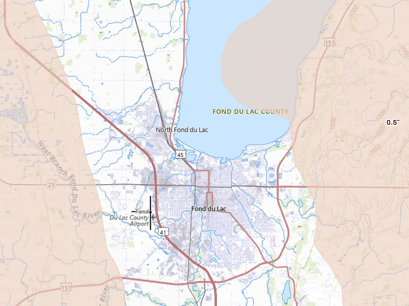 Radar-estimated hail-size map of the storm over Fond Du Lac, WI on Jul 27, 2026