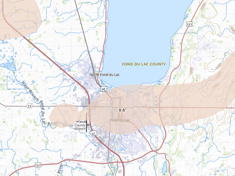 Radar-estimated hail-size map of the storm over Fond Du Lac, WI on Aug 18, 2026