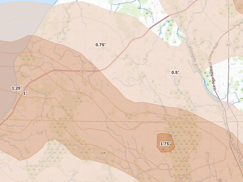 Radar-estimated hail-size map of the storm over Forestville, WI on Jul 27, 2026
