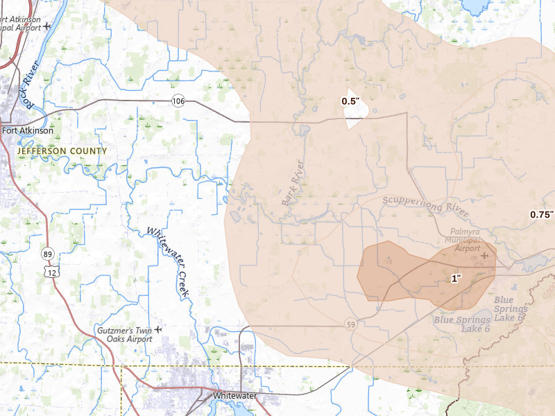 Radar-estimated hail-size map of the storm over Fort Atkinson, WI on Jul 27, 2026