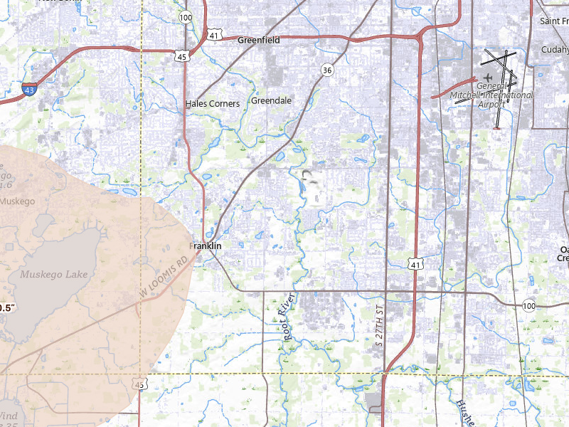 Radar-estimated hail-size map of the storm over Franklin, WI on Apr 17, 2026