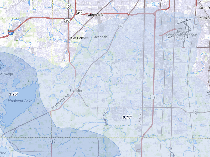 NEXRAD radar-signature map of the hail over Franklin, WI