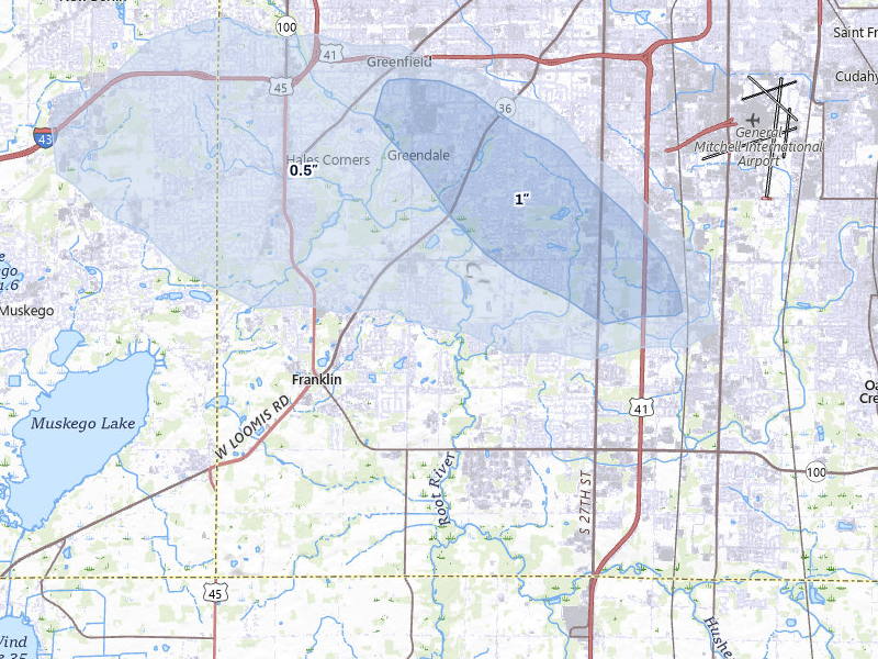 NEXRAD radar-signature map of the hail over Franklin, WI