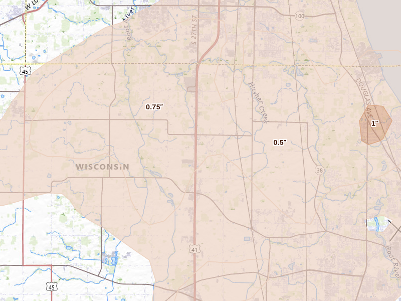 Radar-estimated hail-size map of the storm over Franksville, WI on Aug 9, 2026
