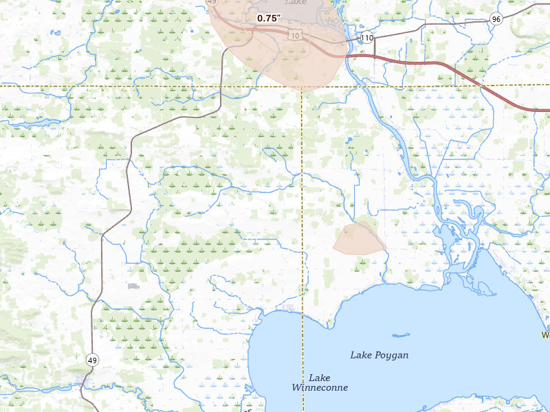 Radar-estimated hail-size map of the storm over Fremont, WI on Jun 16, 2026