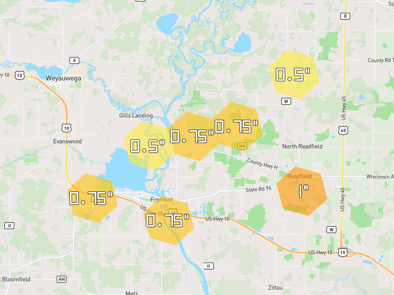 Hail map of Fremont, WI on Jul 1, 2026, hail up to 1"