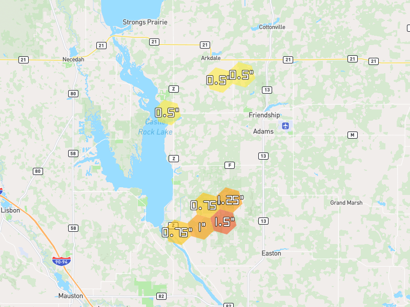 Hail map of Friendship, WI on Jul 1, 2026, hail up to 1.5"