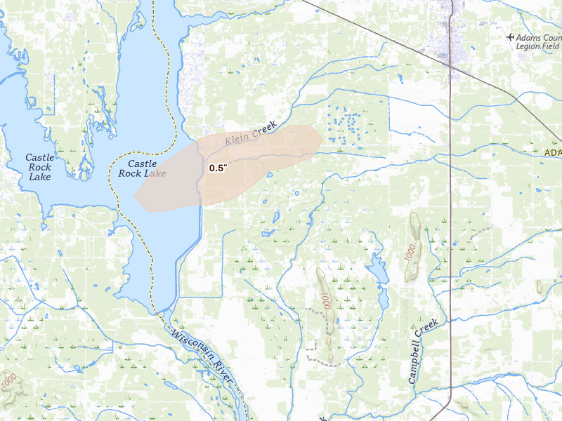 Radar-estimated hail-size map of the storm over Friendship, WI on Jul 8, 2026