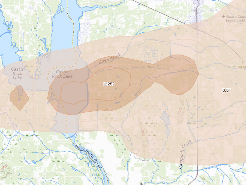 Radar-estimated hail-size map of the storm over Friendship, WI on Sep 1, 2026