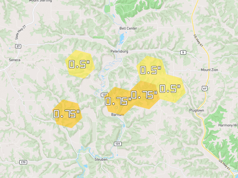 Hail map of Gays Mills, WI on Jul 2, 2026, hail up to 0.75"