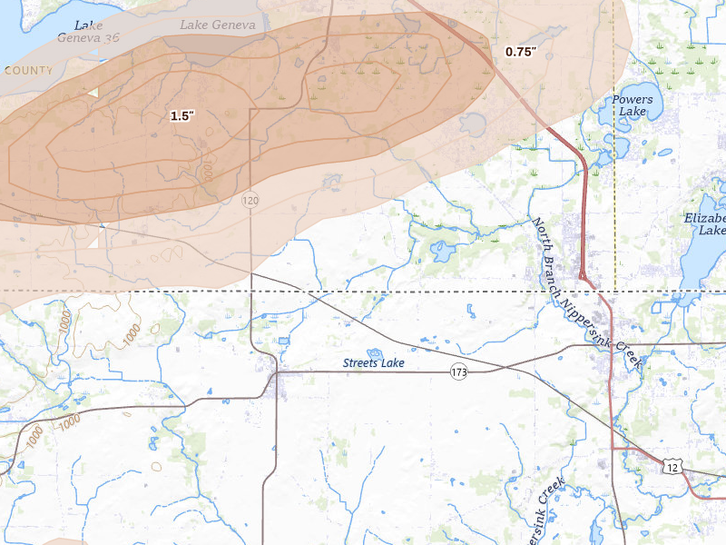 Radar-estimated hail-size map of the storm over Genoa City, WI on Aug 9, 2026