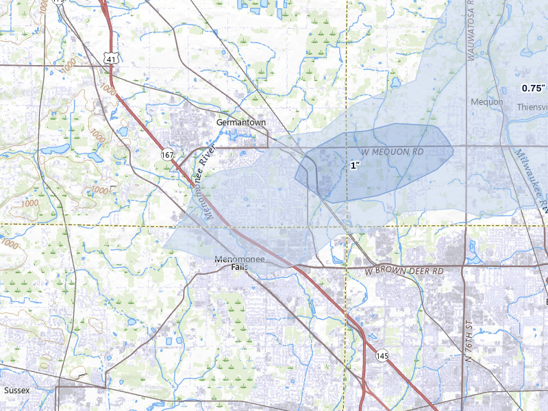 NEXRAD radar-signature map of the hail over Germantown, WI