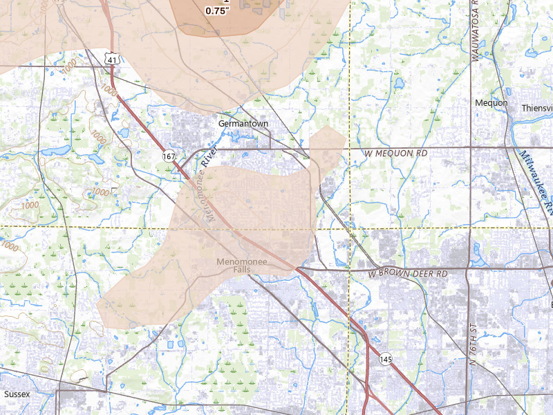 Radar-estimated hail-size map of the storm over Germantown, WI on Jul 2, 2026