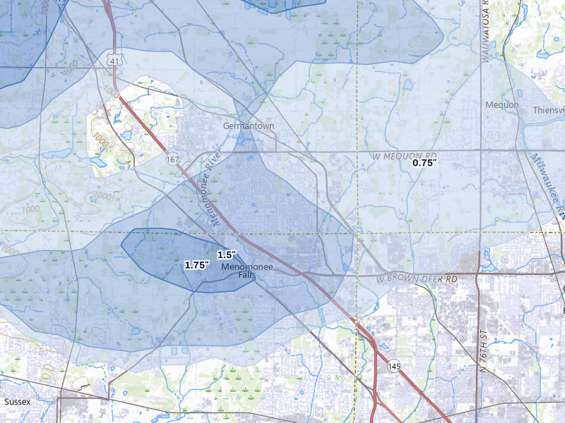 NEXRAD radar-signature map of the hail over Germantown, WI