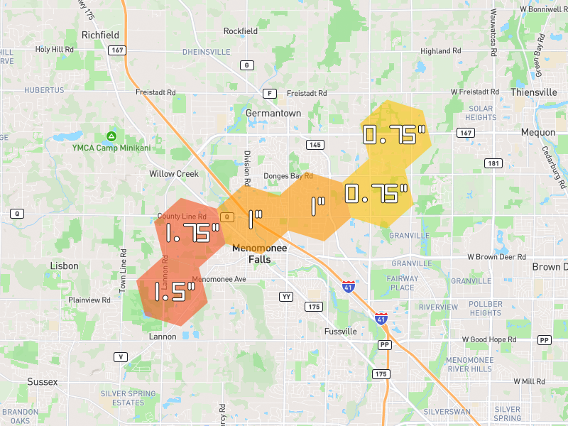 Hail map of Germantown, WI on Jul 3, 2026, hail up to 1.75"