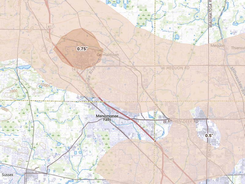 Radar-estimated hail-size map of the storm over Germantown, WI