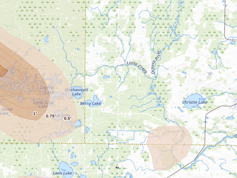 Radar-estimated hail-size map of the storm over Gillett, WI on Jun 24, 2026