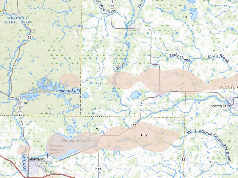 Radar-estimated hail-size map of the storm over Gillett, WI on Sep 3, 2026
