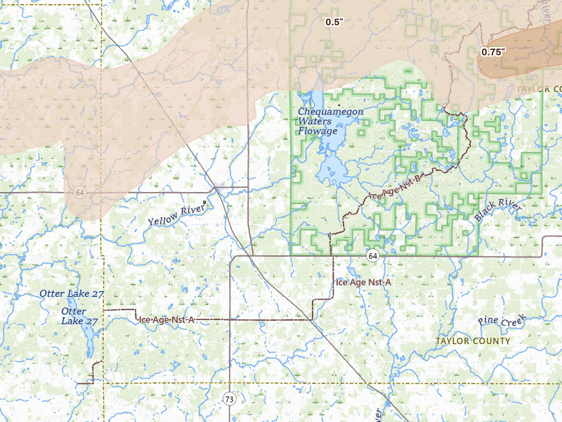 Radar-estimated hail-size map of the storm over Gilman, WI on Apr 13, 2026