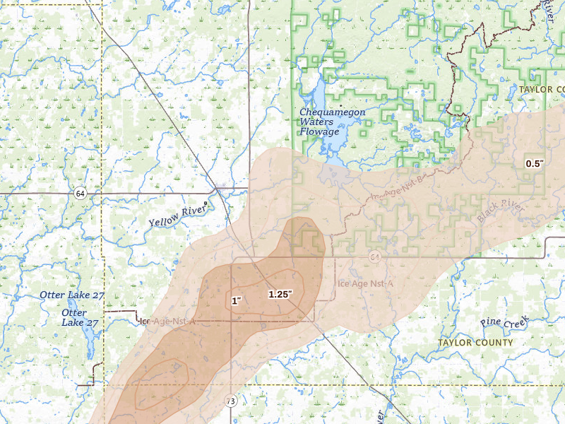 Radar-estimated hail-size map of the storm over Gilman, WI on Apr 17, 2026