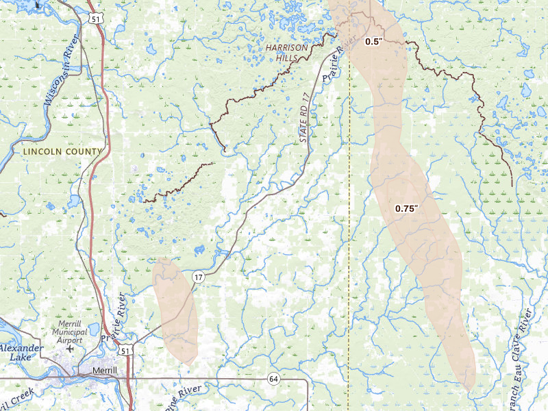 Radar-estimated hail-size map of the storm over Gleason, WI on May 27, 2026
