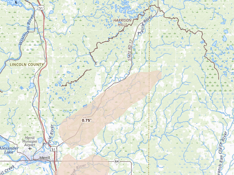 Radar-estimated hail-size map of the storm over Gleason, WI on Jun 30, 2026