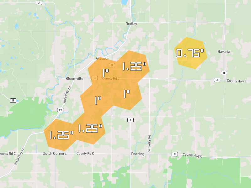Hail map of Gleason, WI on Jun 30, 2026, hail up to 1.25"