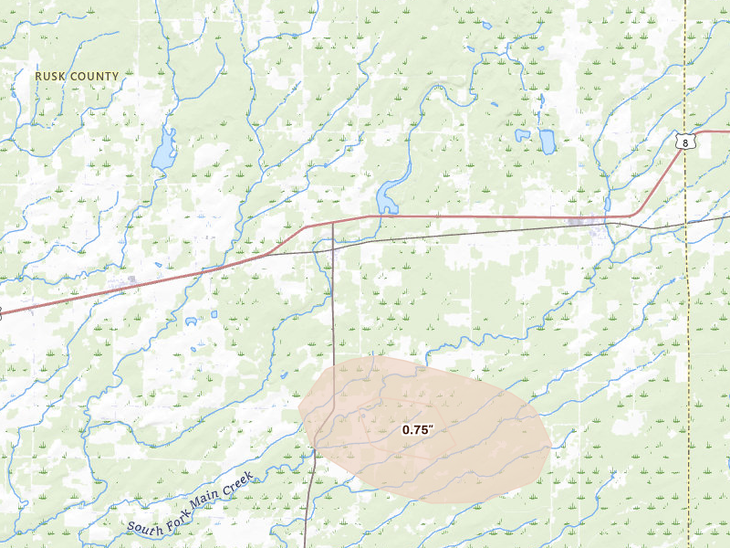 Radar-estimated hail-size map of the storm over Glen Flora, WI on Jun 24, 2026