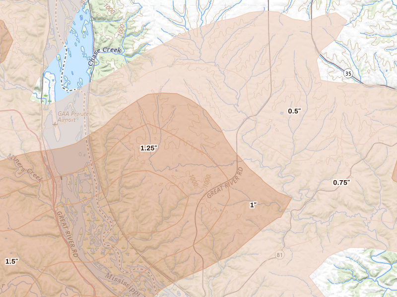 Radar-estimated hail-size map of the storm over Glen Haven, WI on Jul 2, 2026