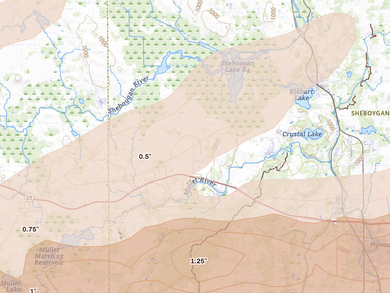 Radar-estimated hail-size map of the storm over Glenbeulah, WI on Jul 1, 2026