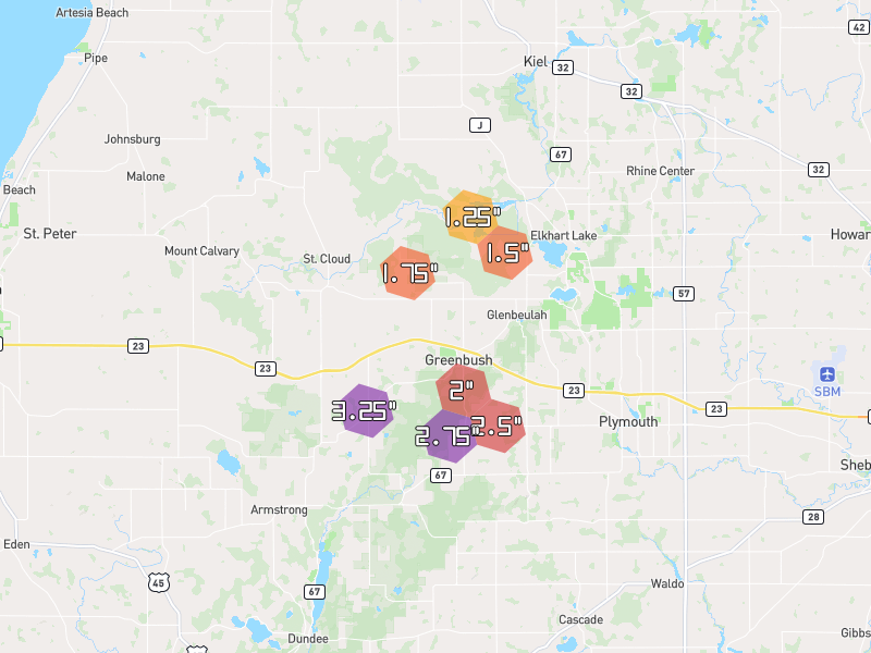 Hail map of Glenbeulah, WI on Jul 1, 2026, hail up to 3.25"