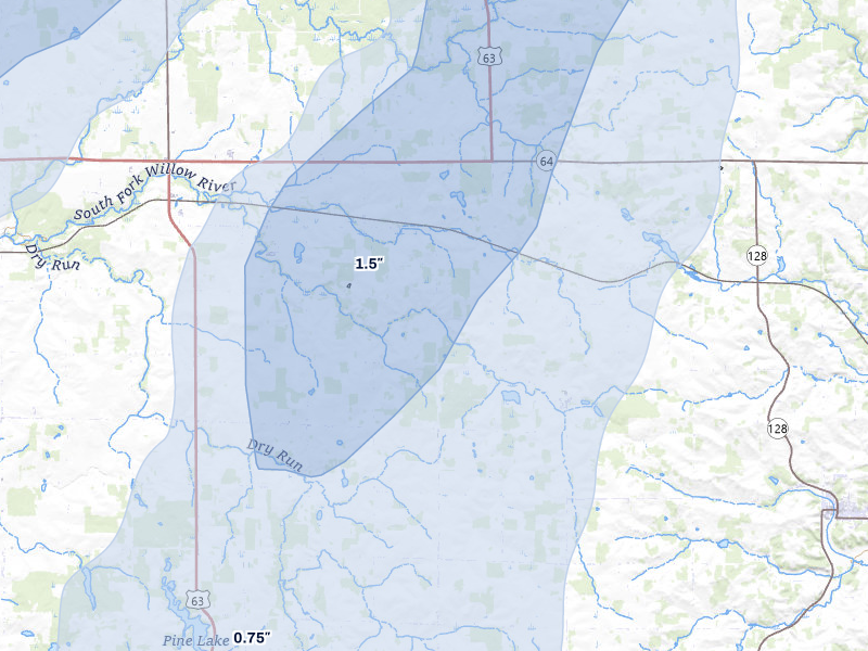 NEXRAD radar-signature map of the hail over Glenwood City, WI