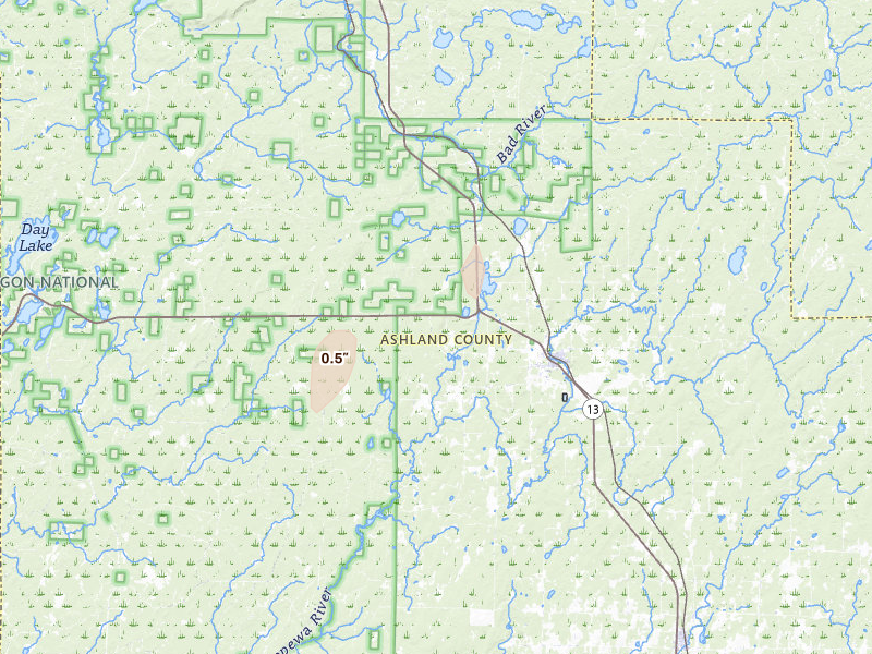 Radar-estimated hail-size map of the storm over Glidden, WI on Apr 17, 2026