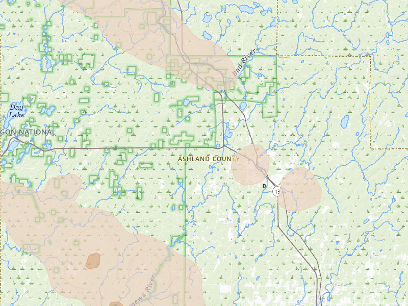 Radar-estimated hail-size map of the storm over Glidden, WI on Jul 17, 2026