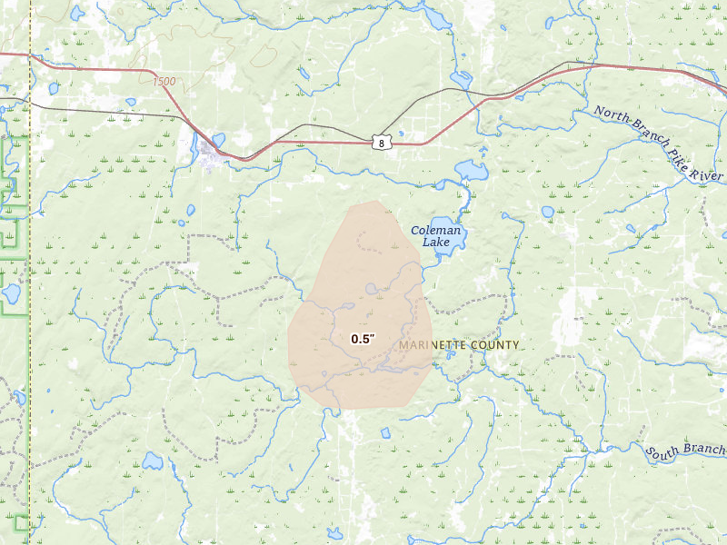Radar-estimated hail-size map of the storm over Goodman, WI on Jul 30, 2026
