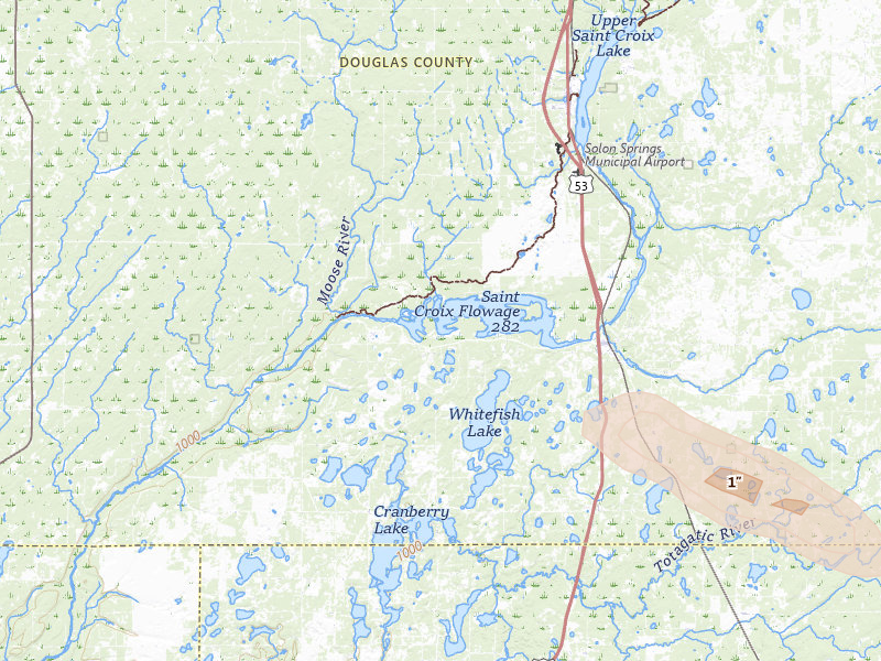 Radar-estimated hail-size map of the storm over Gordon, WI on Jun 24, 2026
